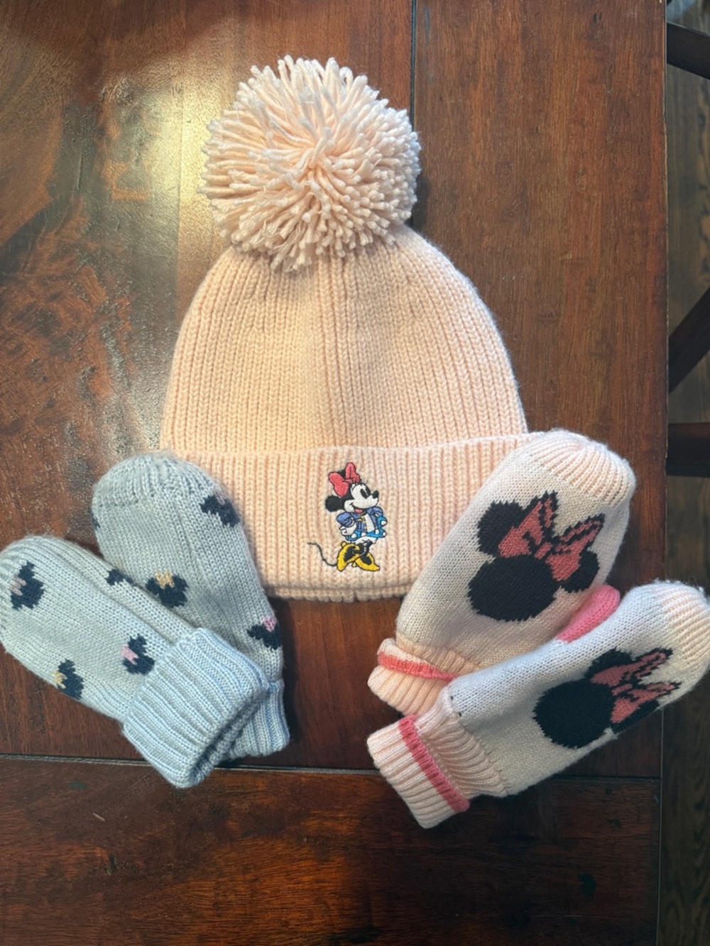 Disney Light Pink Minnie Mouse Pom Pom Beanie with Pink & Light Gray Mittens